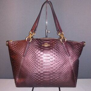 Coach Small Kelsey Satchel - Burgundy Metallic Snake-Embossed Leather